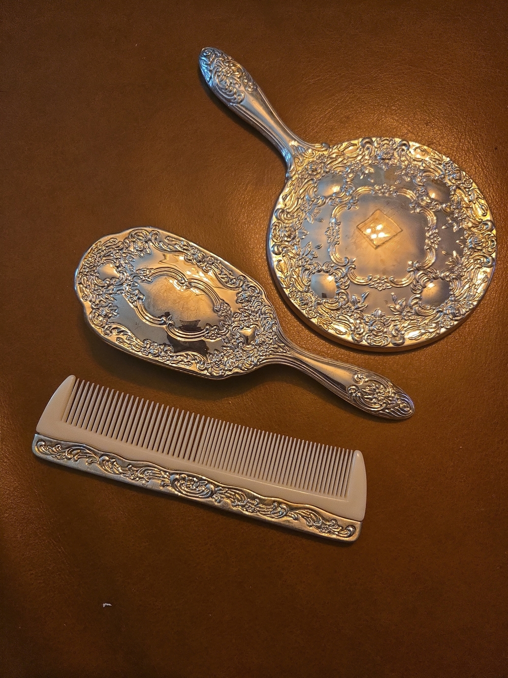 Vintage Silver Plated Vanity Set Mirror Brush Comb 3 Piece Victorian Ornate